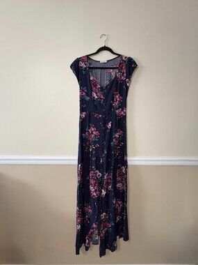 Catch Me Navy Floral Button Front Maxi Dress Size L Boho